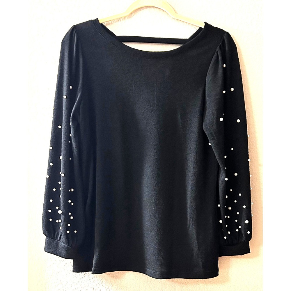 Cato Womens Small Black Pearl Embellished Long Sleeve Knit Top V-Back